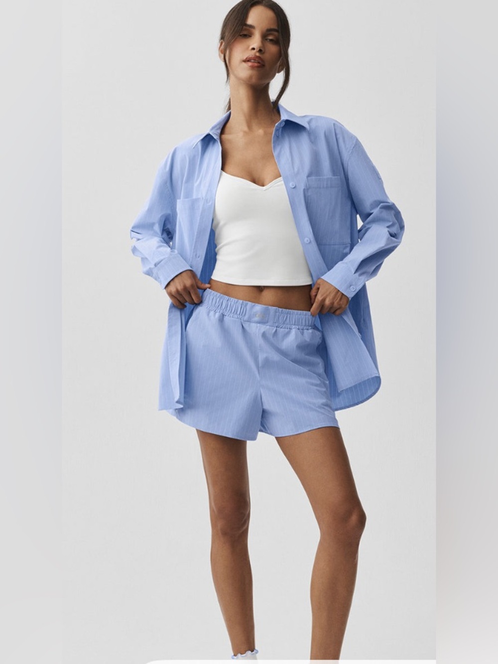 ALO YOGA PINSTRIPE DAYLIGHT BOXER SHORT•LIGHT PROVENCE BLUE/WHITE•MEDIUM• BNWOT